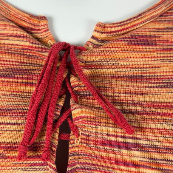 Lucky Brand Top Womens XL Orange Red Stripe Cotton Lace Up Neck Cuffs Y2K - Picture 3 of 16